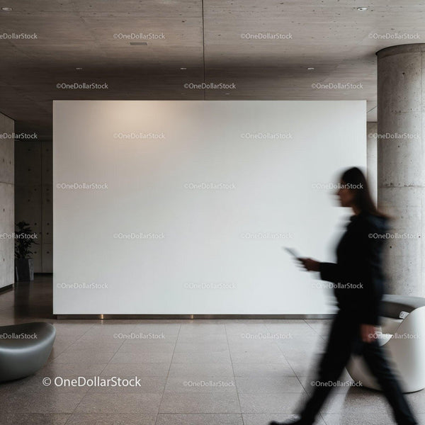 Blurred woman walking past blank modern gallery wall JPG Mockup Image