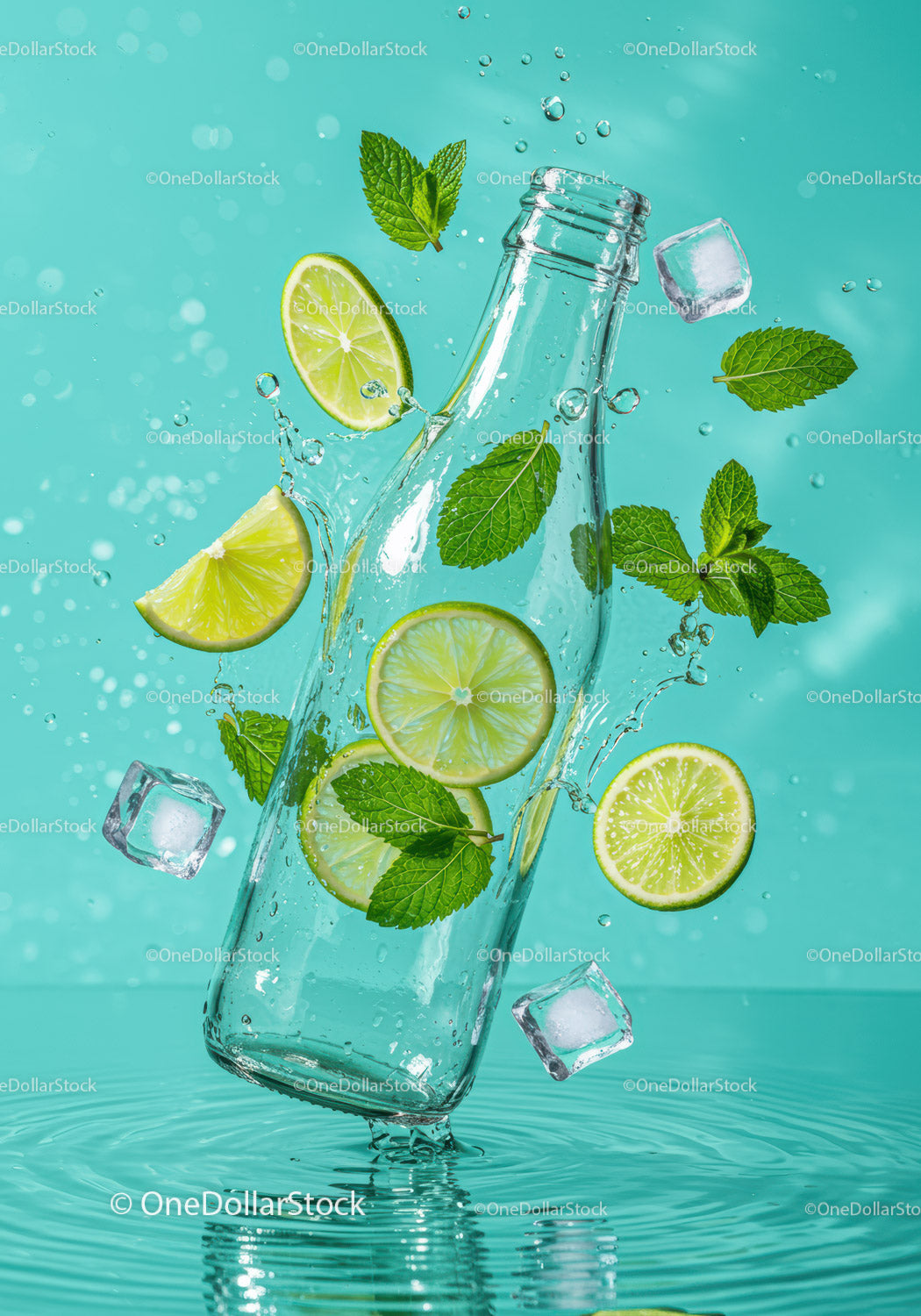 Szklana butelka z plasterkami limonki i miętą rozpryskującą wodę