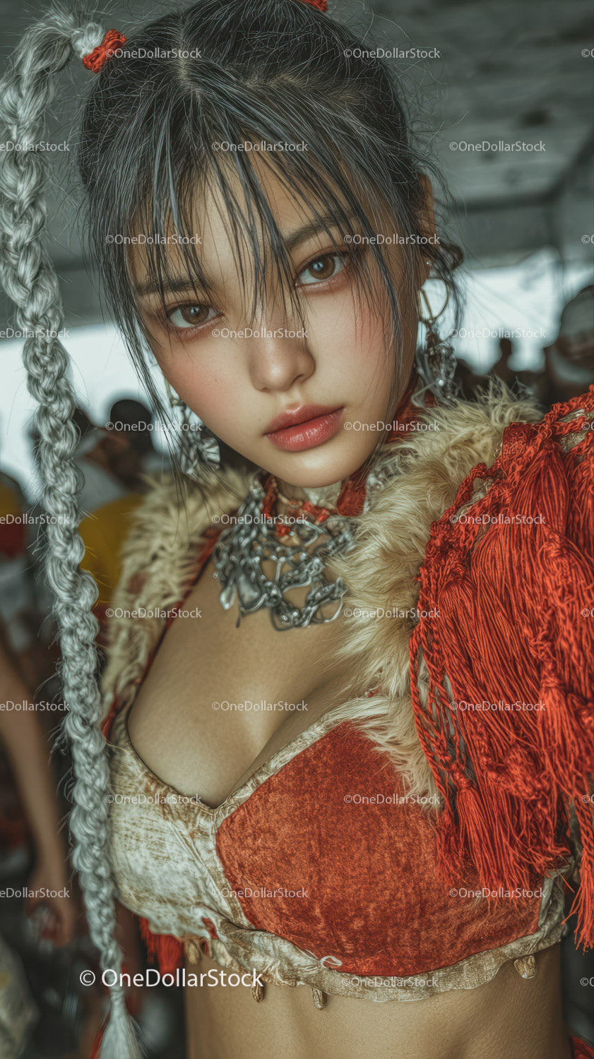 Vibrant Tribal Fashion Portrait with Intricate Costume and Bold Expression