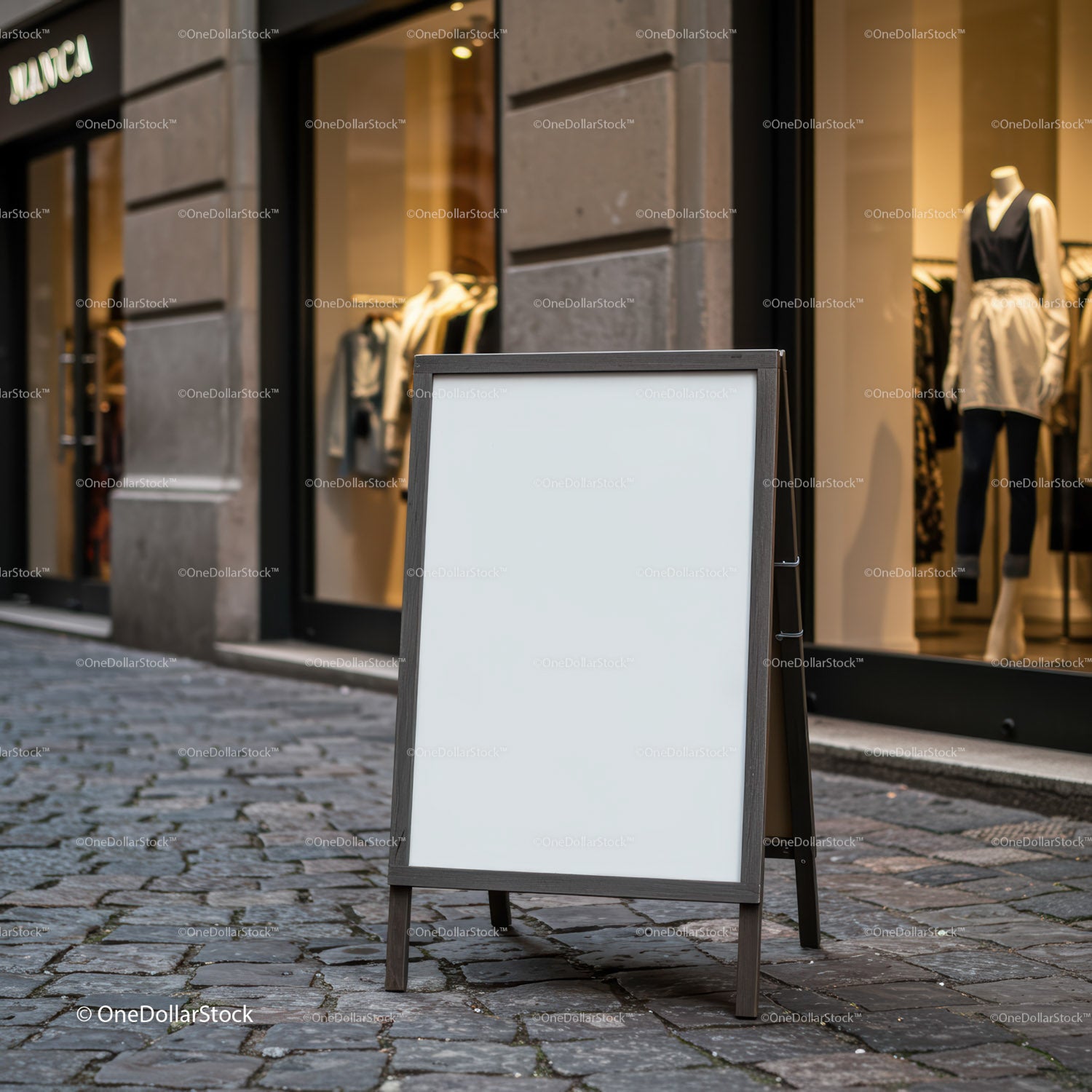 Blank sidewalk sign outside urban clothing store