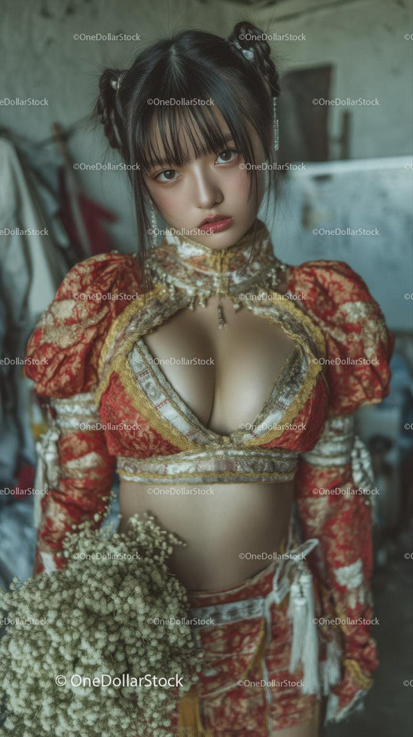 Young Woman in Ornate Traditional Dress with Modern Fashion Flair