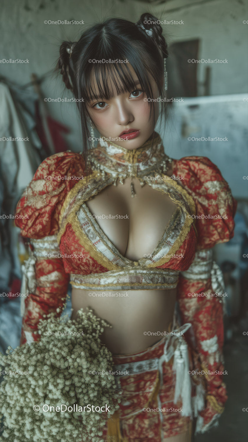 Young Woman in Ornate Traditional Dress with Modern Fashion Flair