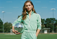 Young Woman in Mint Green Tracksuit Holding Disco Ball Outdoors