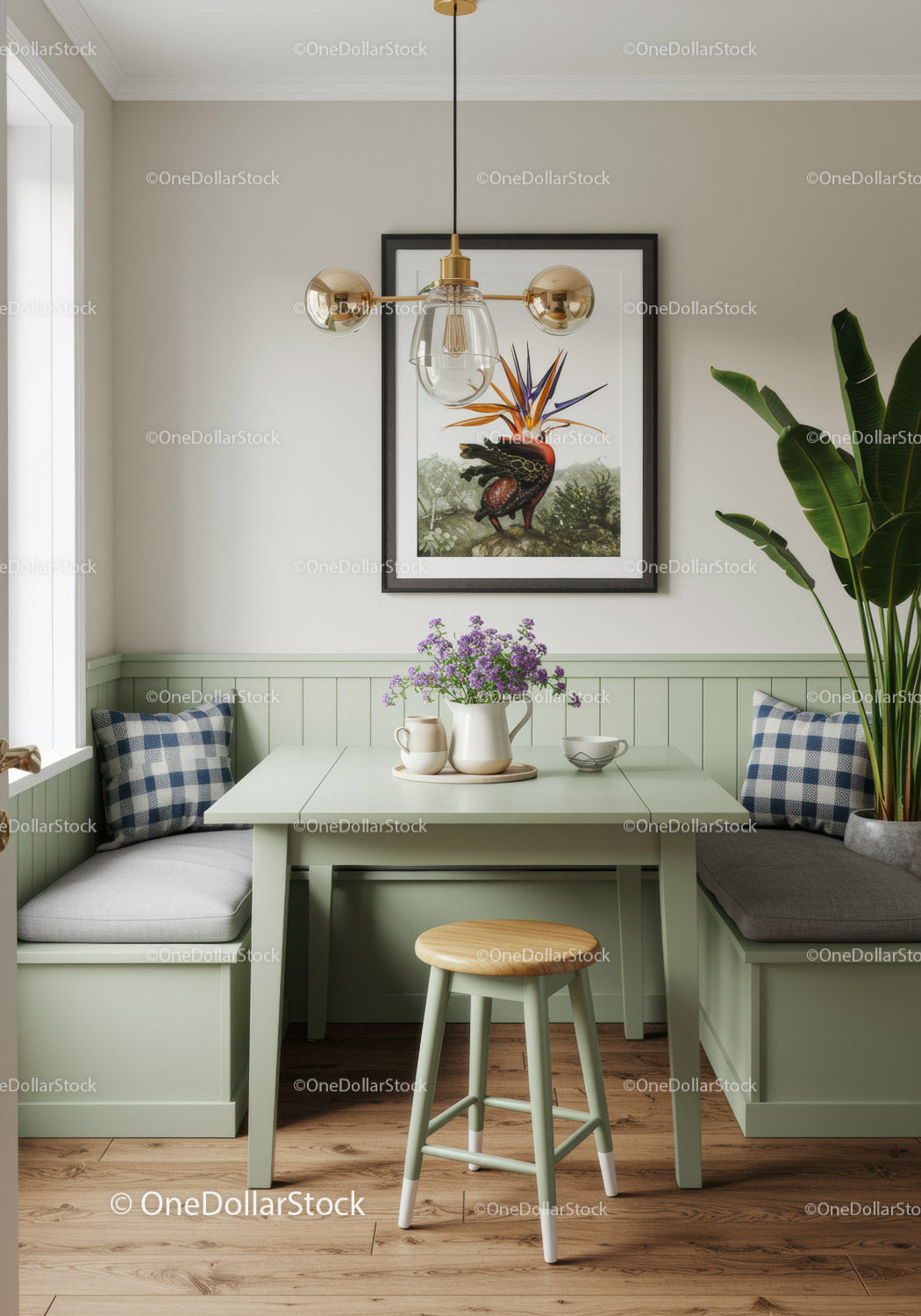 Modern Kitchen Nook with Green Built-in Seating and Tropical Art