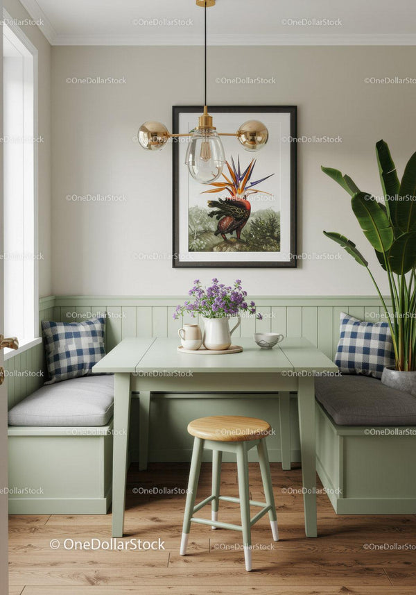 Modern Kitchen Nook with Green Built-in Seating and Tropical Art