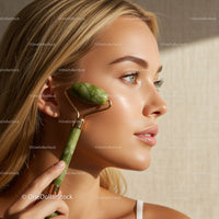 Beautiful woman receiving facial massage with jade roller for skin rejuvenation
