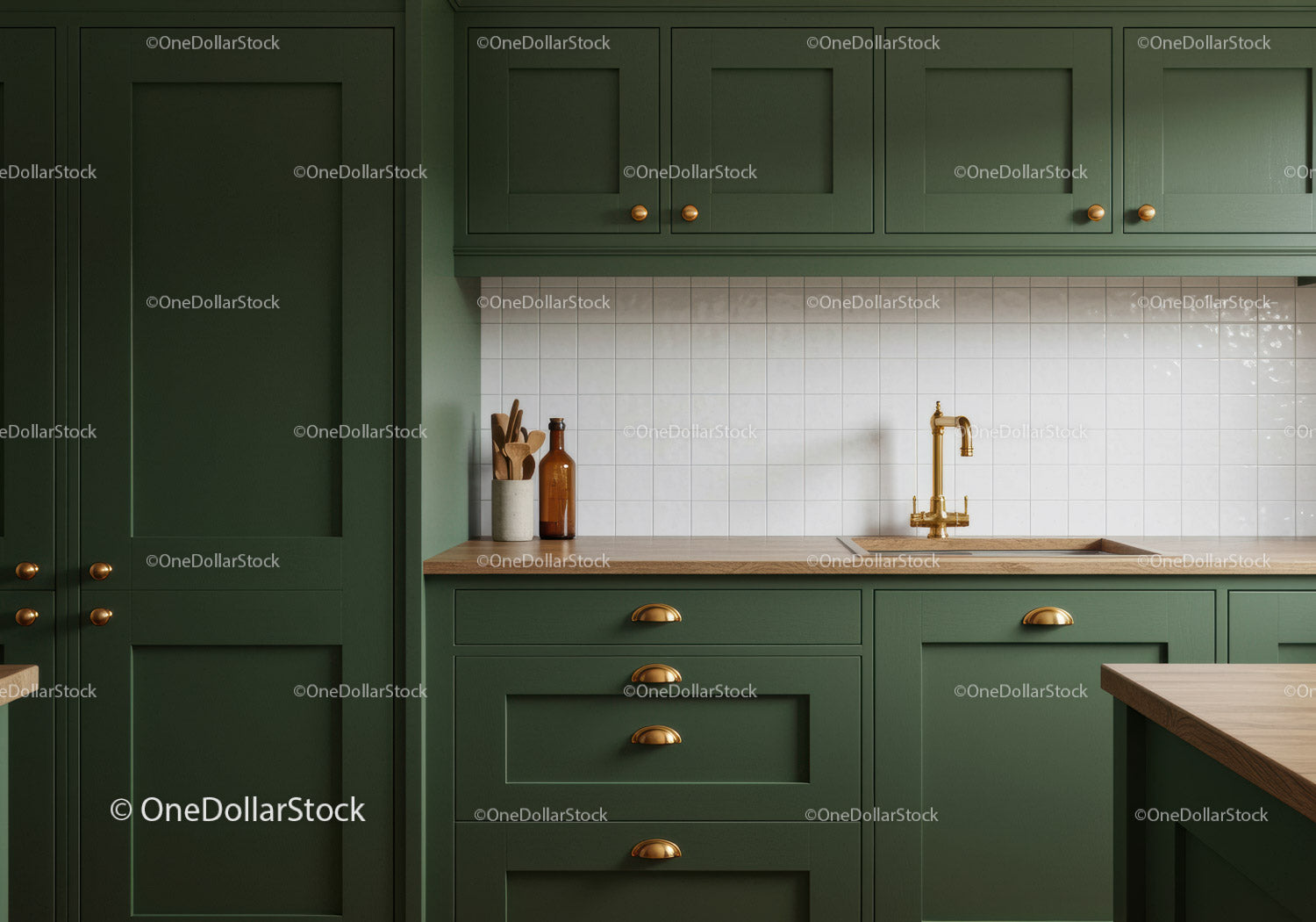 Elegant Green Kitchen Cabinets with Brass Sink Faucet and Wooden Countertop