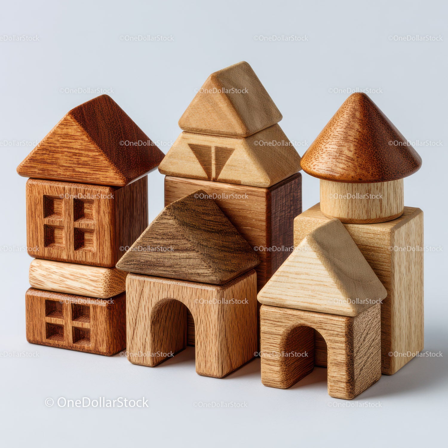 Set of Colorful Wooden Blocks and Shapes for Children's Play