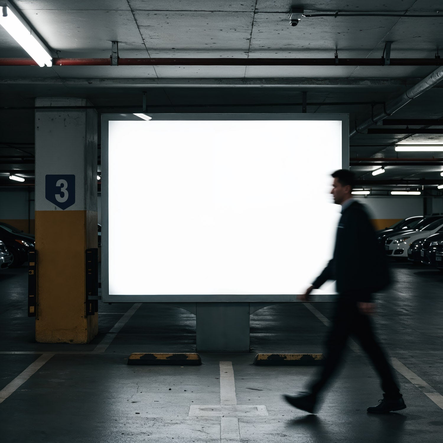 Niewyraźny mężczyzna przechodzący obok oświetlonego billboardu w garażu