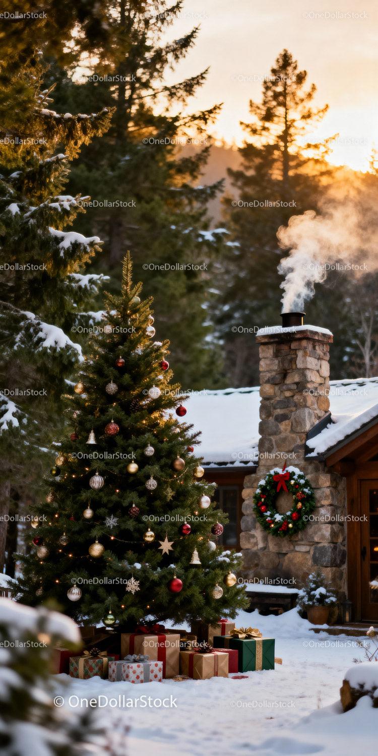 Cozy Winter Christmas Scene with Decorated Tree and Gifts