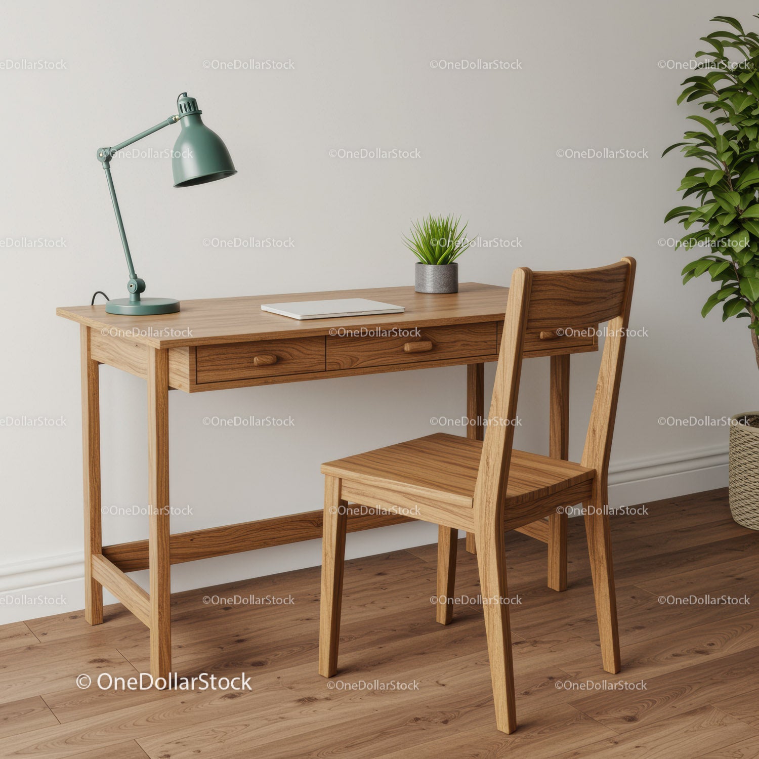 Cozy Wooden Desk and Chair Workspace with Green Plant in Modern Home Interior