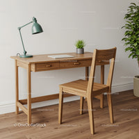 Cozy Wooden Desk and Chair Workspace with Green Plant in Modern Home Interior