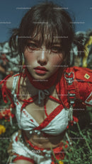 Vibrant outdoors portrait of young woman in red and white fashion