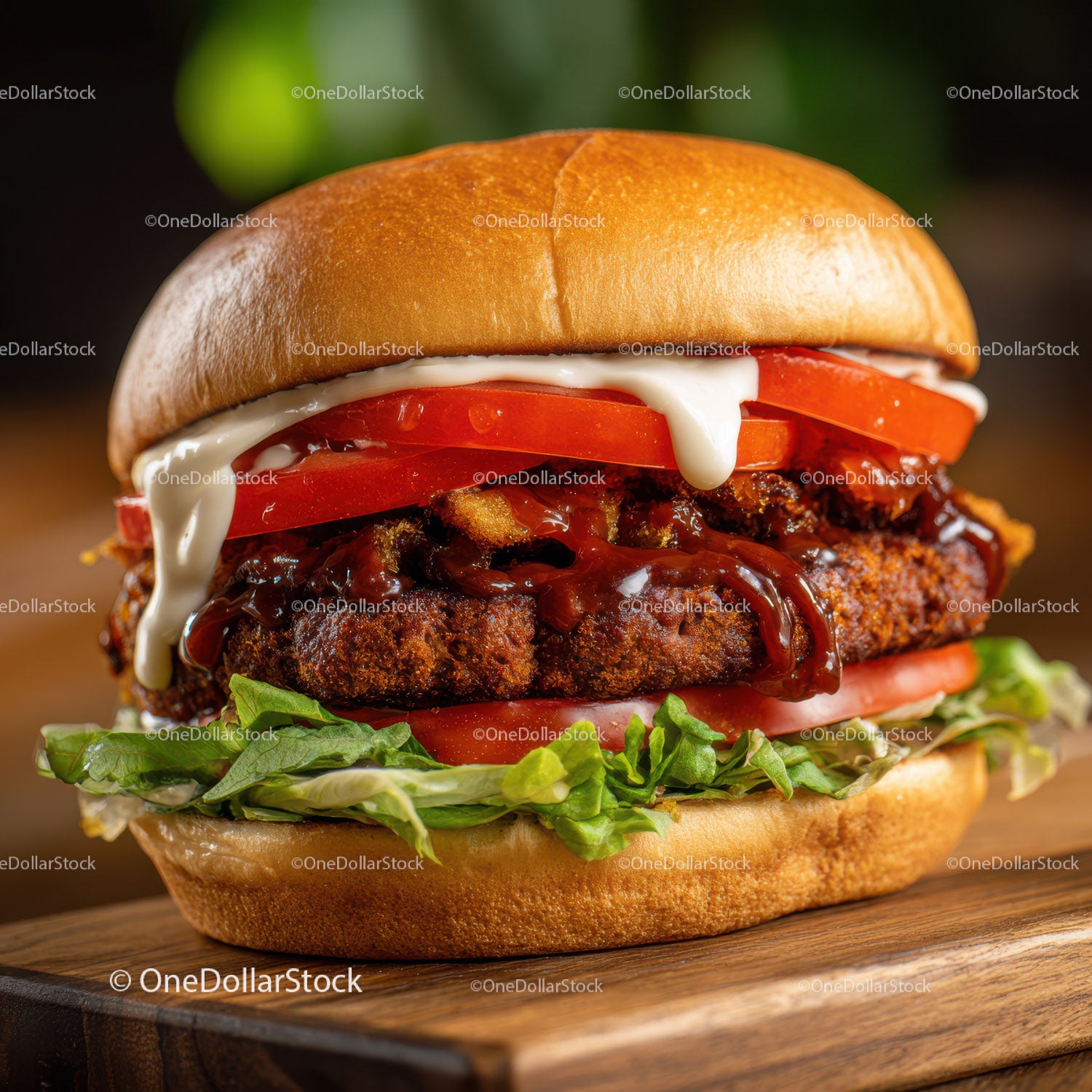 Juicy Classic Hamburger with Fresh Vegetables and Melted Sauce