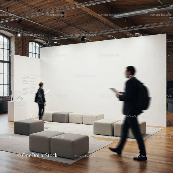 People exploring modern art gallery with minimal seating JPG Mockup Image