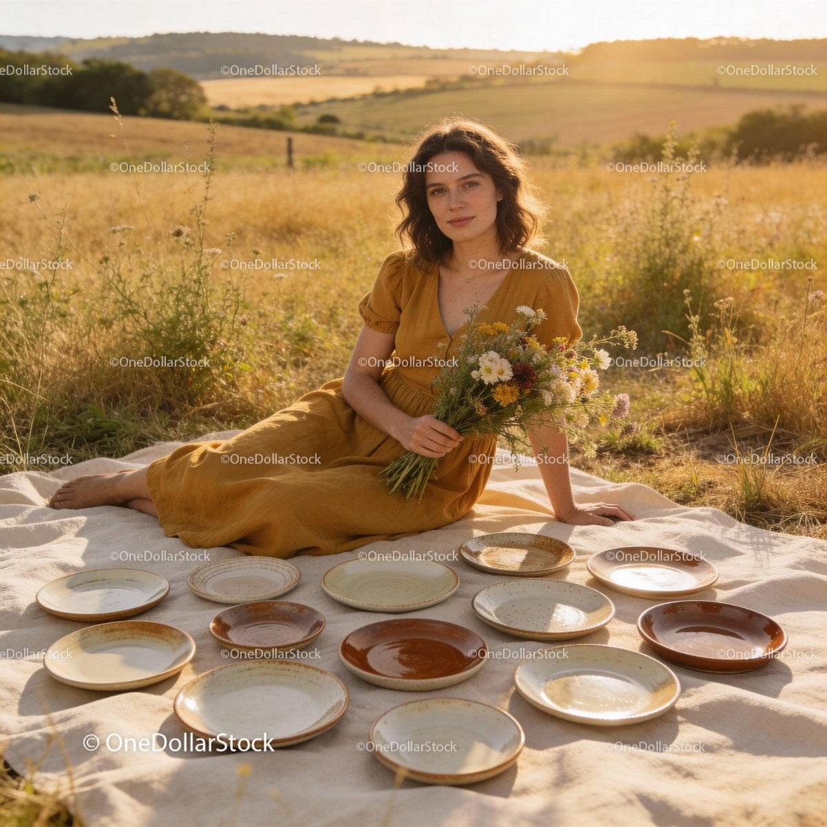 Young woman in mustard dress with handmade pottery outdoors