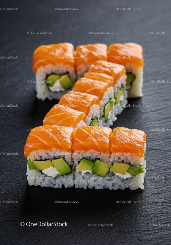 Świeże rolki sushi z łososiem i awokado na czarnym łupku