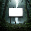 Traveler standing before blank billboard near waterfall
