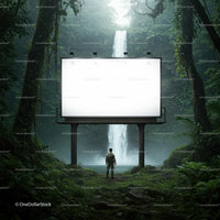 Traveler standing before blank billboard near waterfall