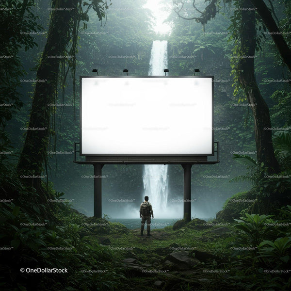 Traveler standing before blank billboard near waterfall JPG Mockup Image