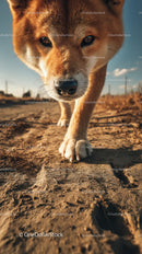 Close-up of a curious brown and white dog walking on a dirt trail
