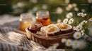 Rustic Picnic with Bread Honey Jars and Daisies in Sunlight