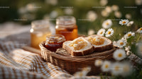 Rustic Picnic with Bread Honey Jars and Daisies in Sunlight