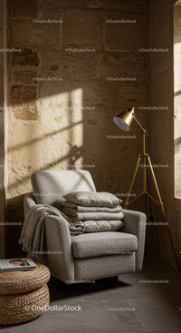 Cozy armchair with folded blankets near vintage lamp