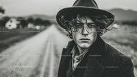 Black and White Portrait of Young Man with Curly Hair and Fedora Hat