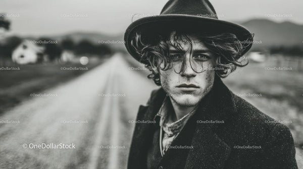 Black and White Portrait of Young Man with Curly Hair and Fedora Hat