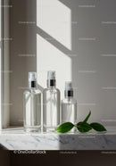 Clear spray bottles with green leaves on marble surface
