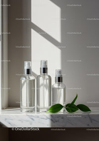 Clear spray bottles with green leaves on marble surface
