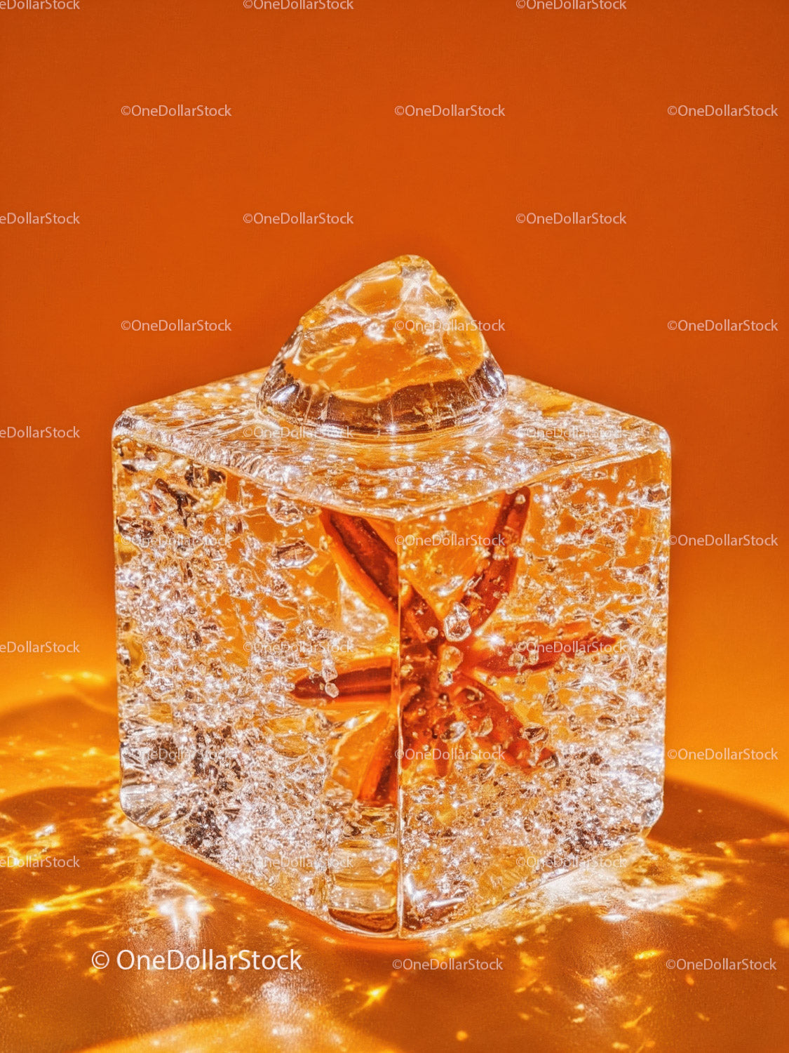 Star Anise Frozen Inside a Clear Ice Cube Close-Up