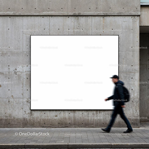 Blurred man walking past large blank billboard on wall JPG Mockup Image