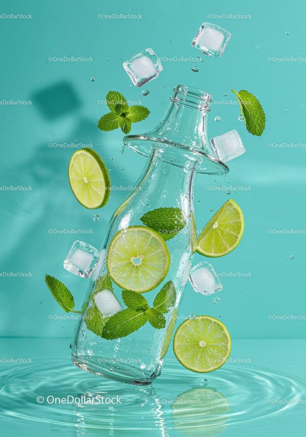Refreshing water bottle with lime slices and mint leaves