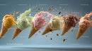 Colorful Ice Cream Scoops in Waffle Cones Splashing Water