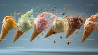 Colorful Ice Cream Scoops in Waffle Cones Splashing Water