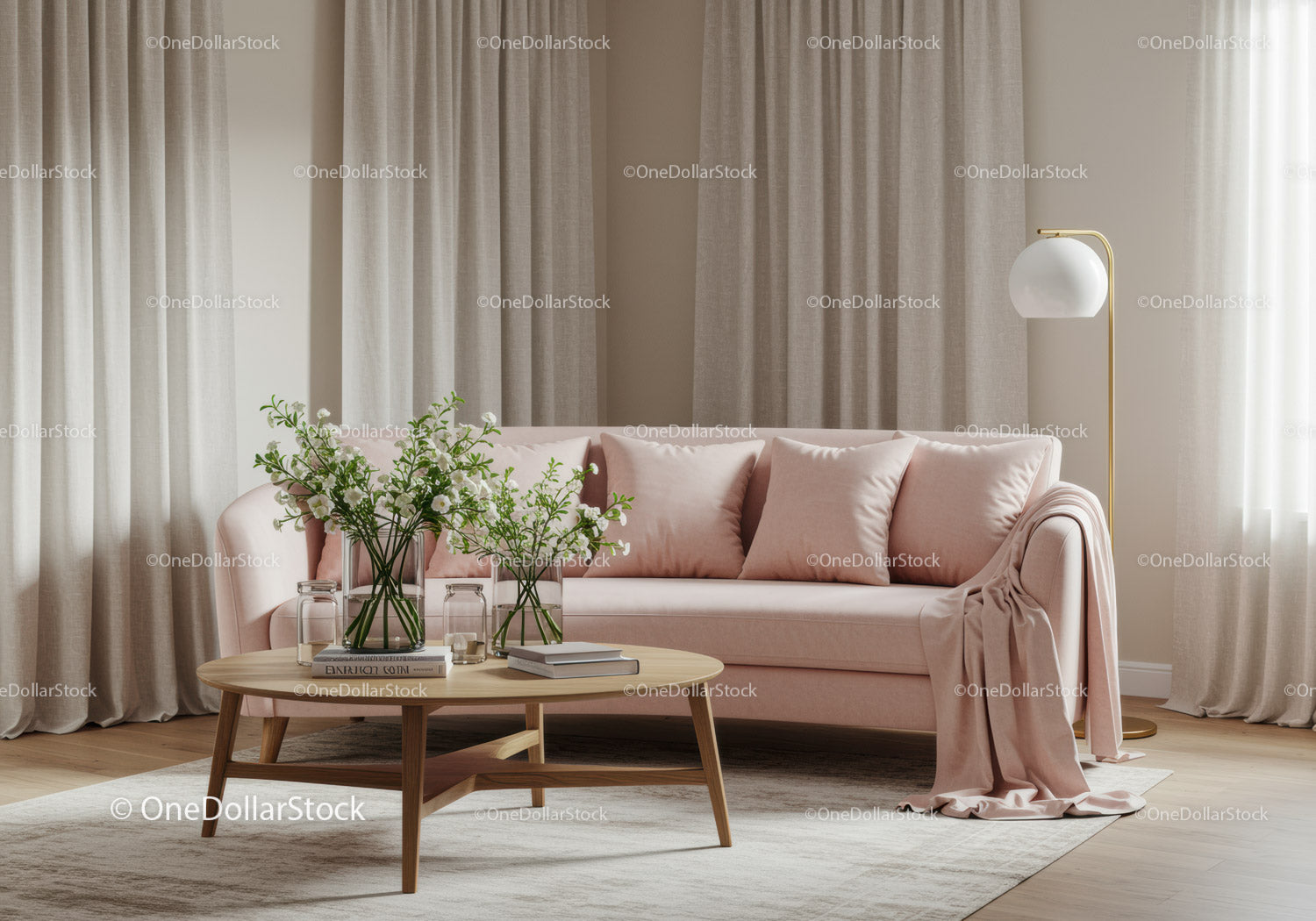 Miękka różowa sofa z kwiatowym wystrojem w nowoczesnym salonie