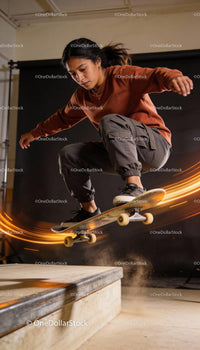 Focused young woman performing a skateboard trick indoors
