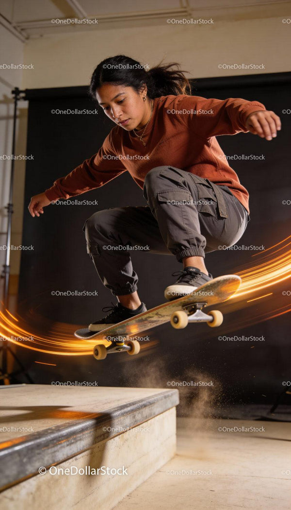 Focused young woman performing a skateboard trick indoors