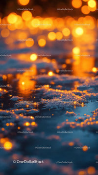 Warm golden lights glowing on icy surface at dusk
