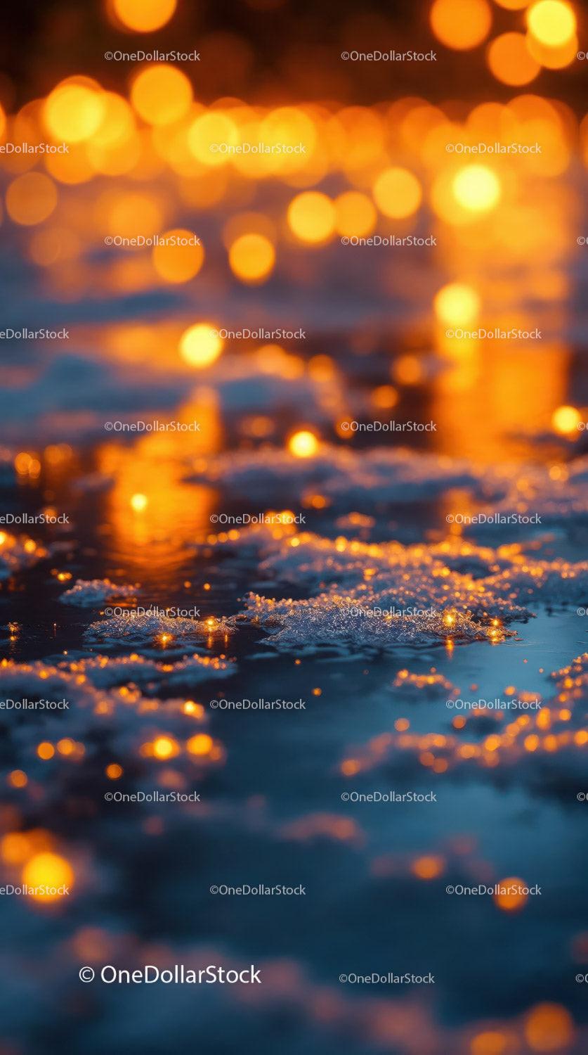 Warm golden lights glowing on icy surface at dusk