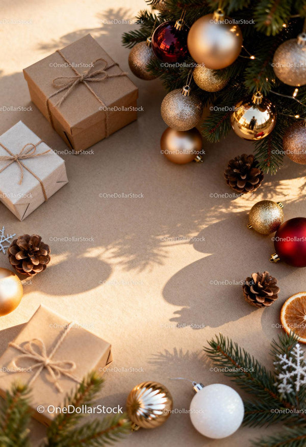 Christmas gifts and baubles with pine cones on craft paper