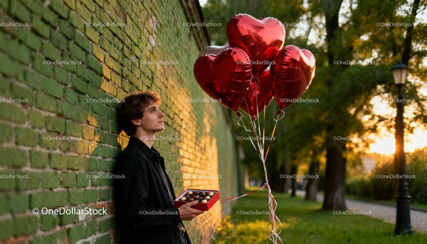 Young man holding chocolate gift box and heart balloons