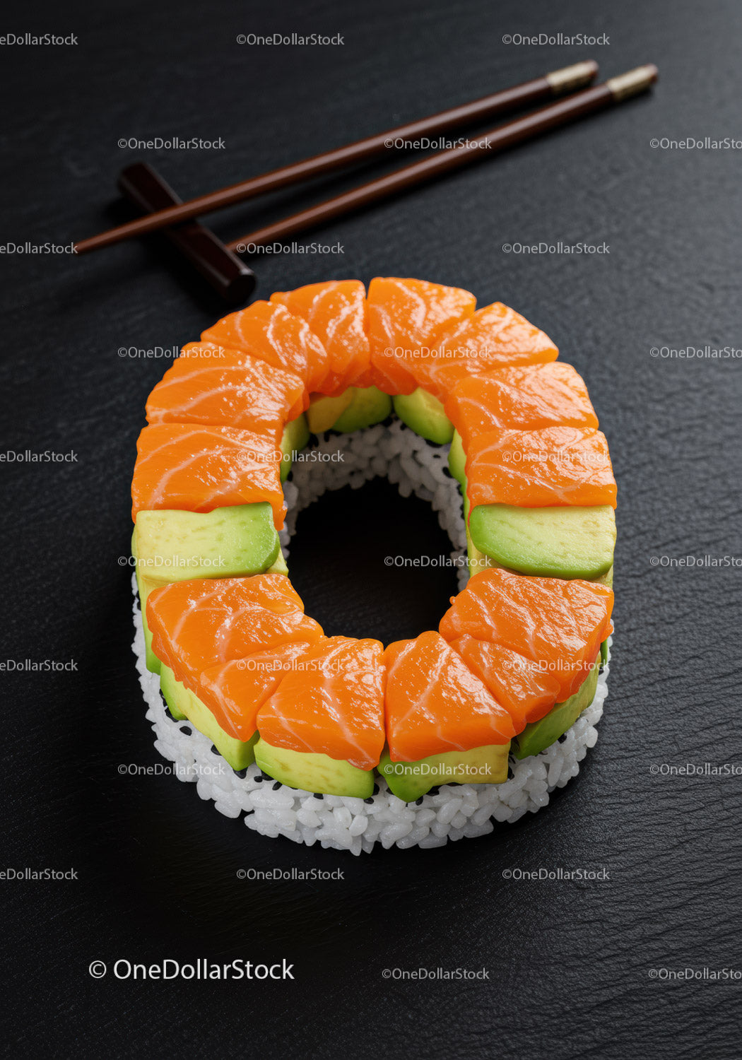 Świeży pierścień sushi z łososiem i awokado na czarnej powierzchni