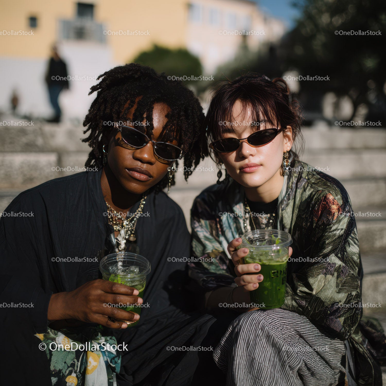 Two Trendy Women with Iced Drinks in Stylish Urban Outing