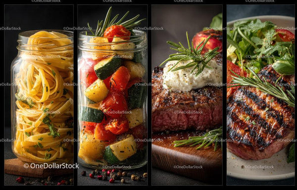 Freshly Cooked Steak with Vegetables and Pasta in a Rustic Setting Stock Photo Bundle (24 JPG Files)