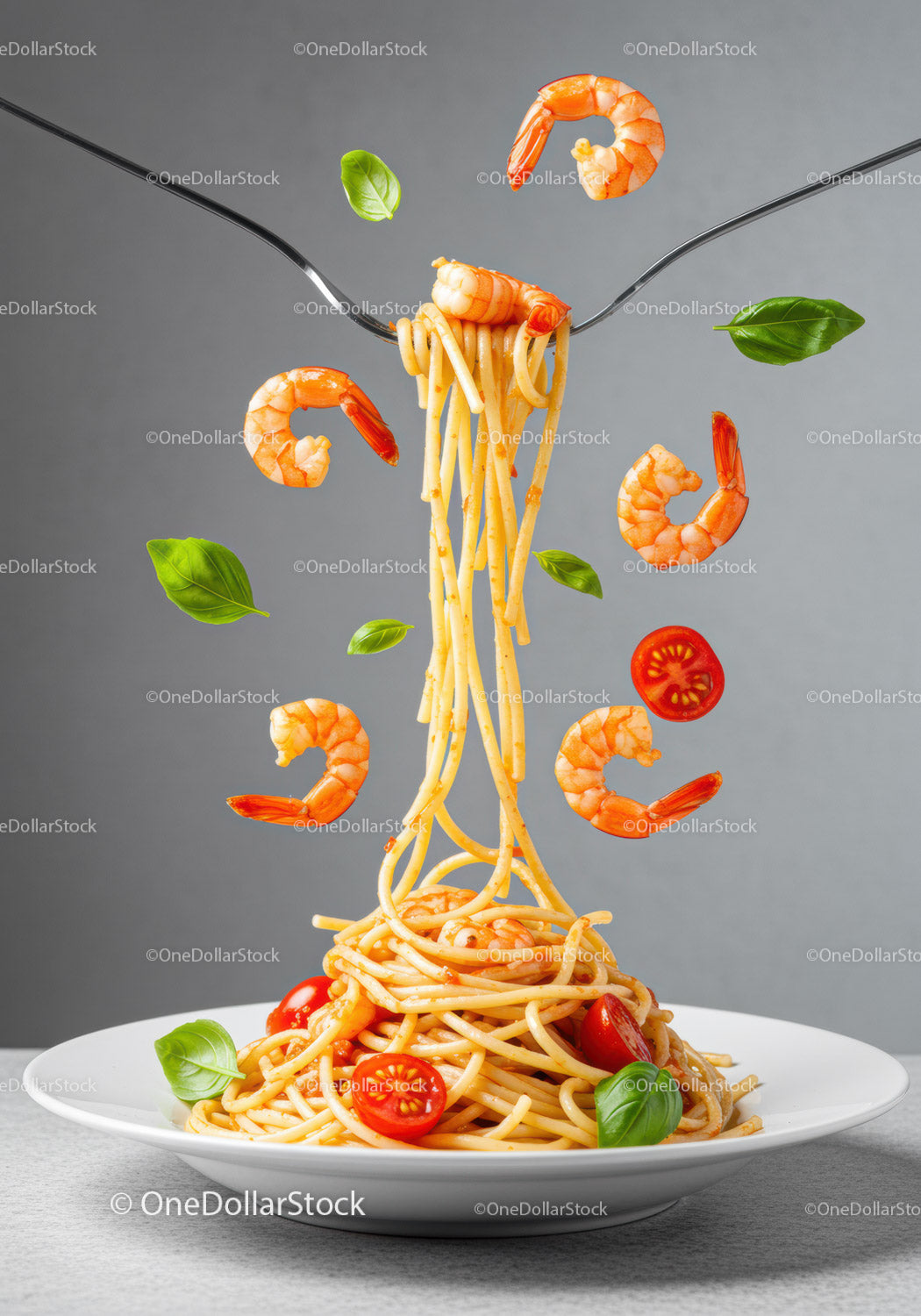 Spaghetti with Shrimp and Fresh Basil on White Plate