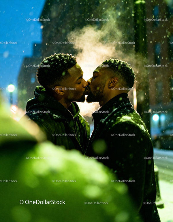 Couple sharing a tender kiss outdoors in snowy evening