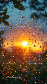 Sunset Through Rainy Window with Water Droplets and Orange Sky